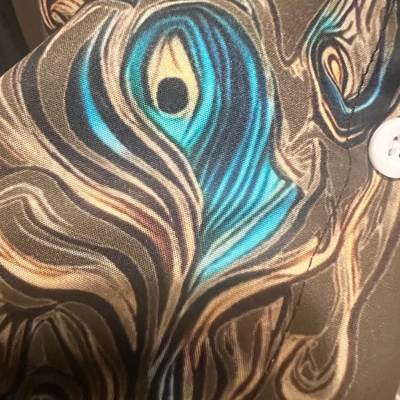 Peacock Feather Print Button Down Blouse Women’s Large Statement Top NWOT Large - Picture 7 of 11